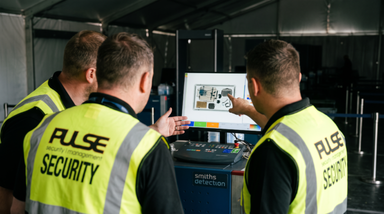 Pulse security officers reviewing an X-ray screening monitor